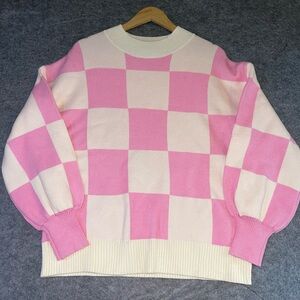 ZESICA Pink Checkerboard Knit Sweater L • Softgirl Pastel Cozy Pullover